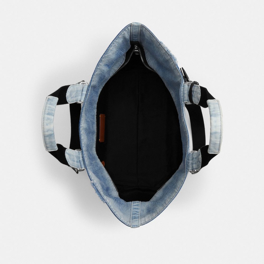 COACH®,Small Tour Tote Bag In Loved Denim With Charms,Denim,Cotton,Leather,Tote,Logo,Metal,Sustainable,Lined,Casual,Blue,Inside View,Top View