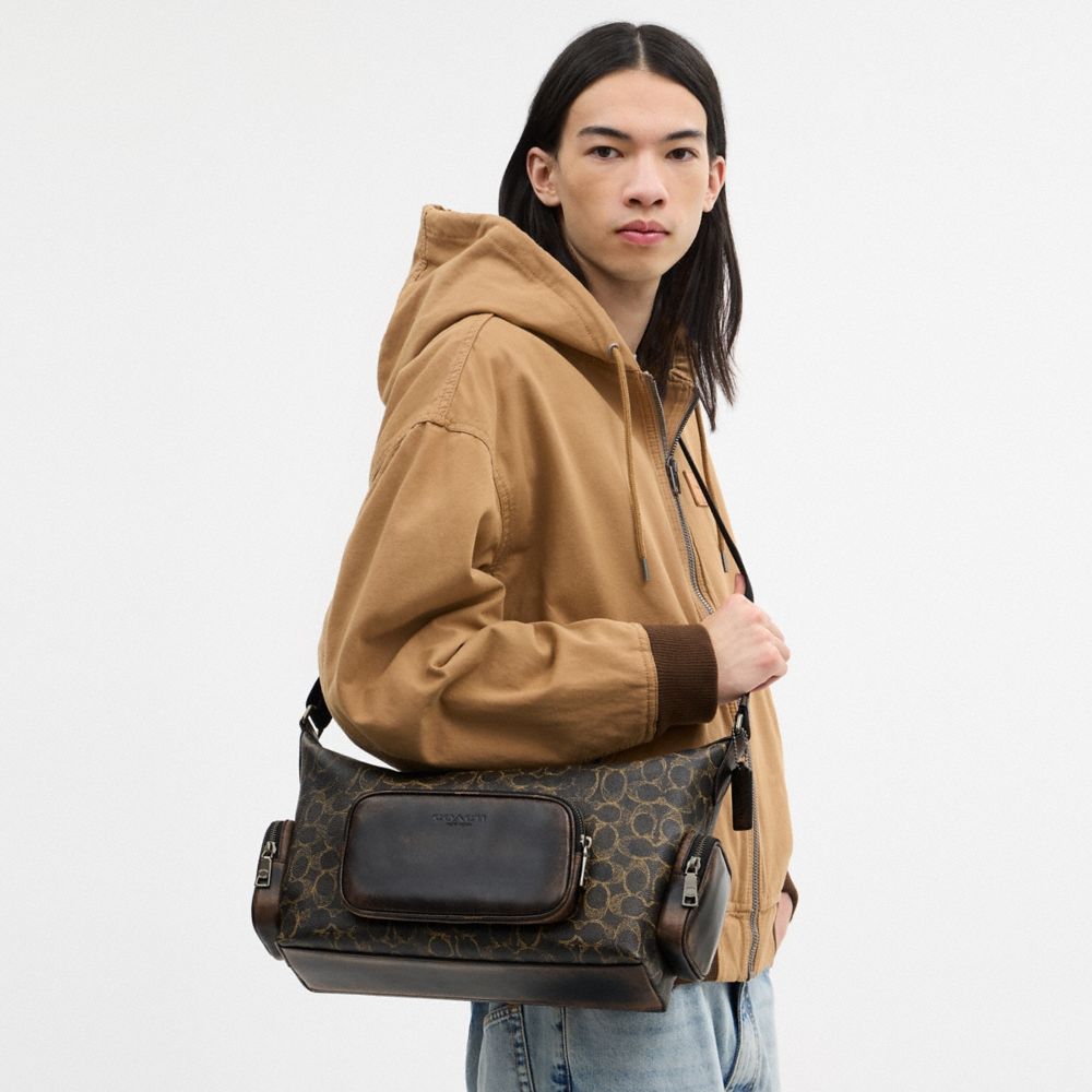 COACH®,Finn Crossbody Bag With Pockets In Loved Signature Canvas,Leather,Canvas,Recycled Polyester,Crossbody,Logo,Lined,Ad...,Multi Color,Detail View