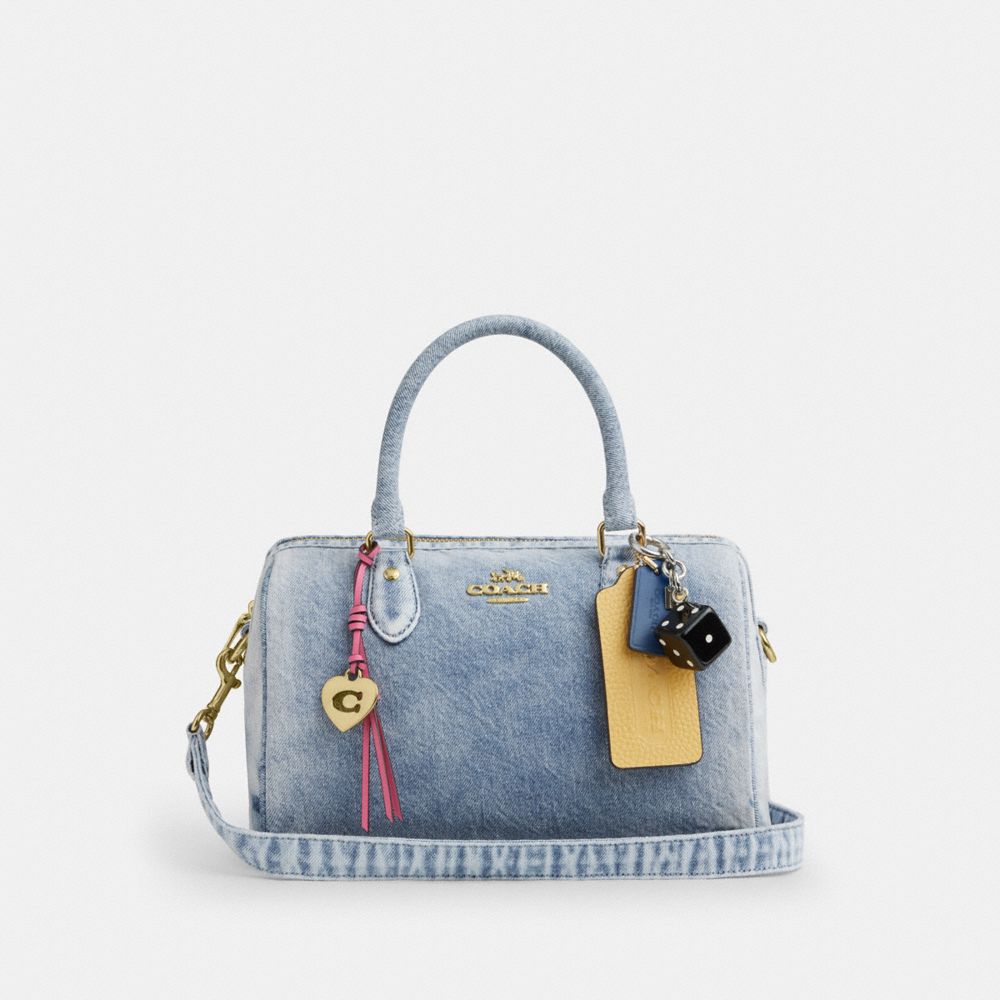 COACH®,Rowan Satchel Bag In Loved Denim With Charms,Recycled Polyester,Leather,Denim,Cotton,Satchel,3D Embellishment,Metal...,Blue,Front View