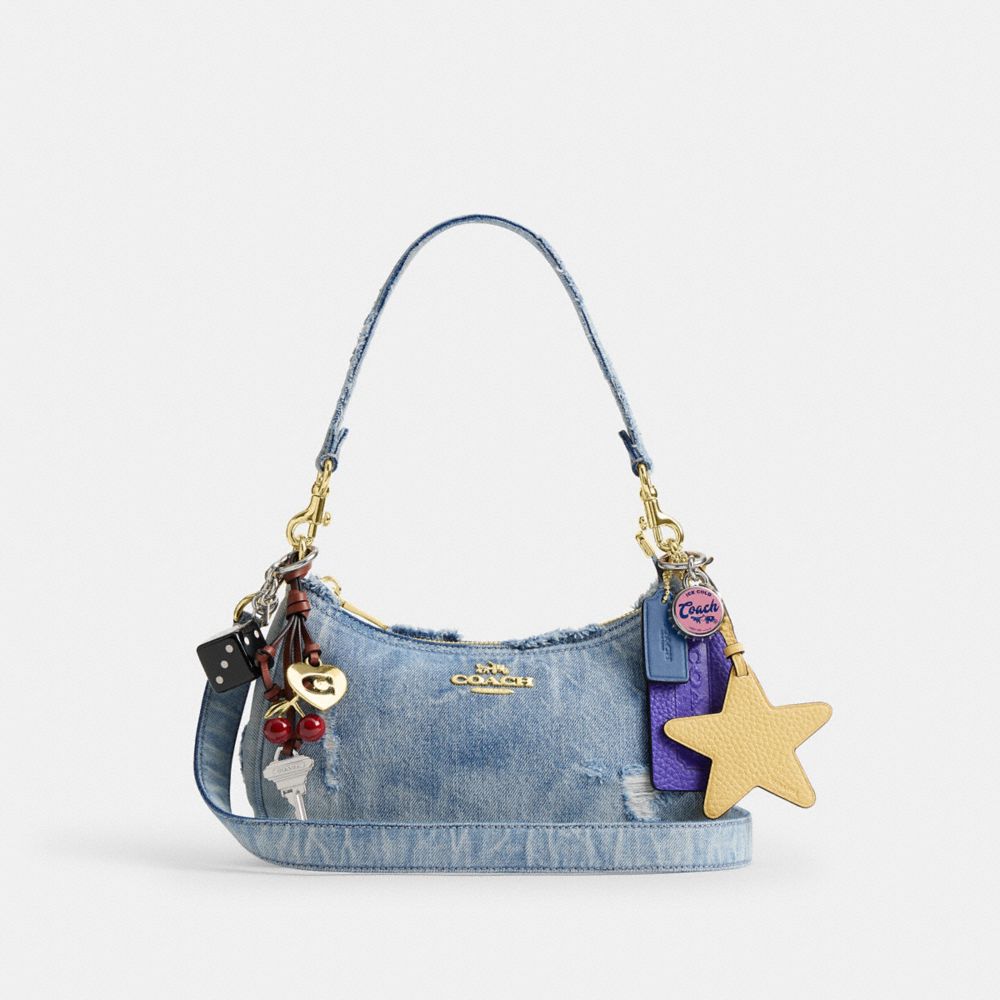 COACH®,Teri Shoulder Bag In Loved Denim With Charms,Polyester,Lining Recycled Polyester,Recycled Polyester,Calfskin Leathe...,Blue,Front View