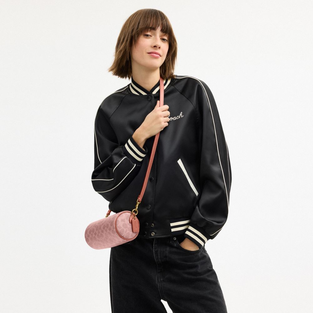 COACH®,Barrel Bag In Signature Canvas,Leather,Canvas,Lining Canvas,Cotton,Barrel Bag,Pendant,Piping,Logo,Adjustable,Brass,...,Pink,Detail View