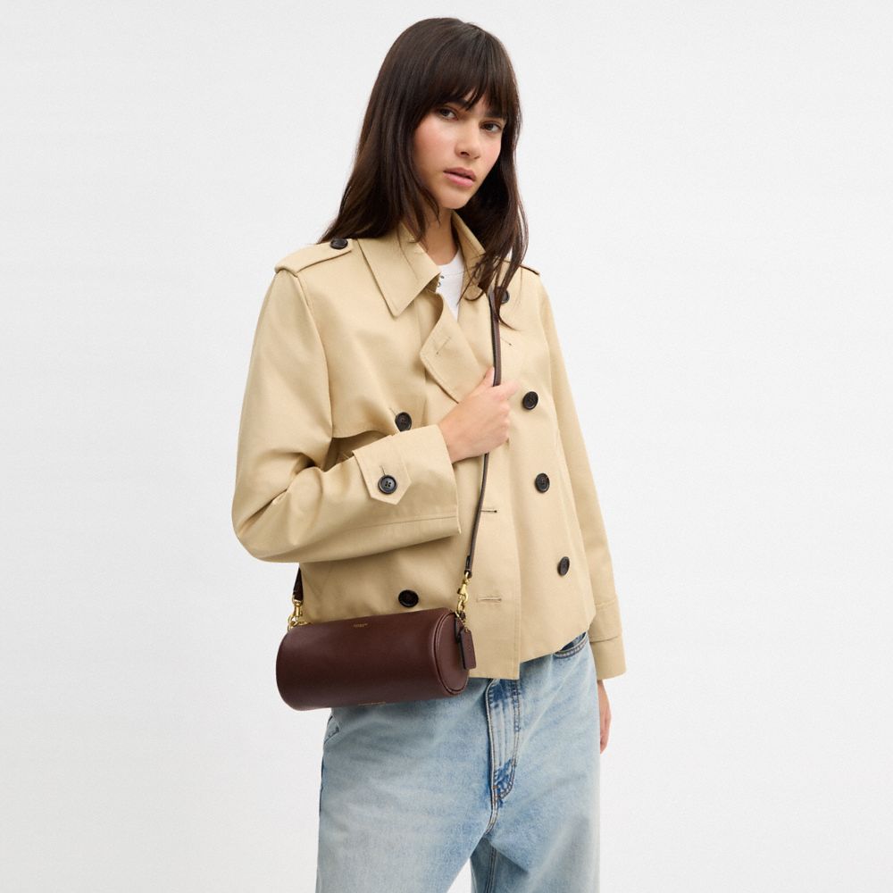 COACH®,Barrel Bag,Cotton,Leather,Barrel Bag,Lined,Sustainable,Gold Metal,Day Party,Brown,Detail View