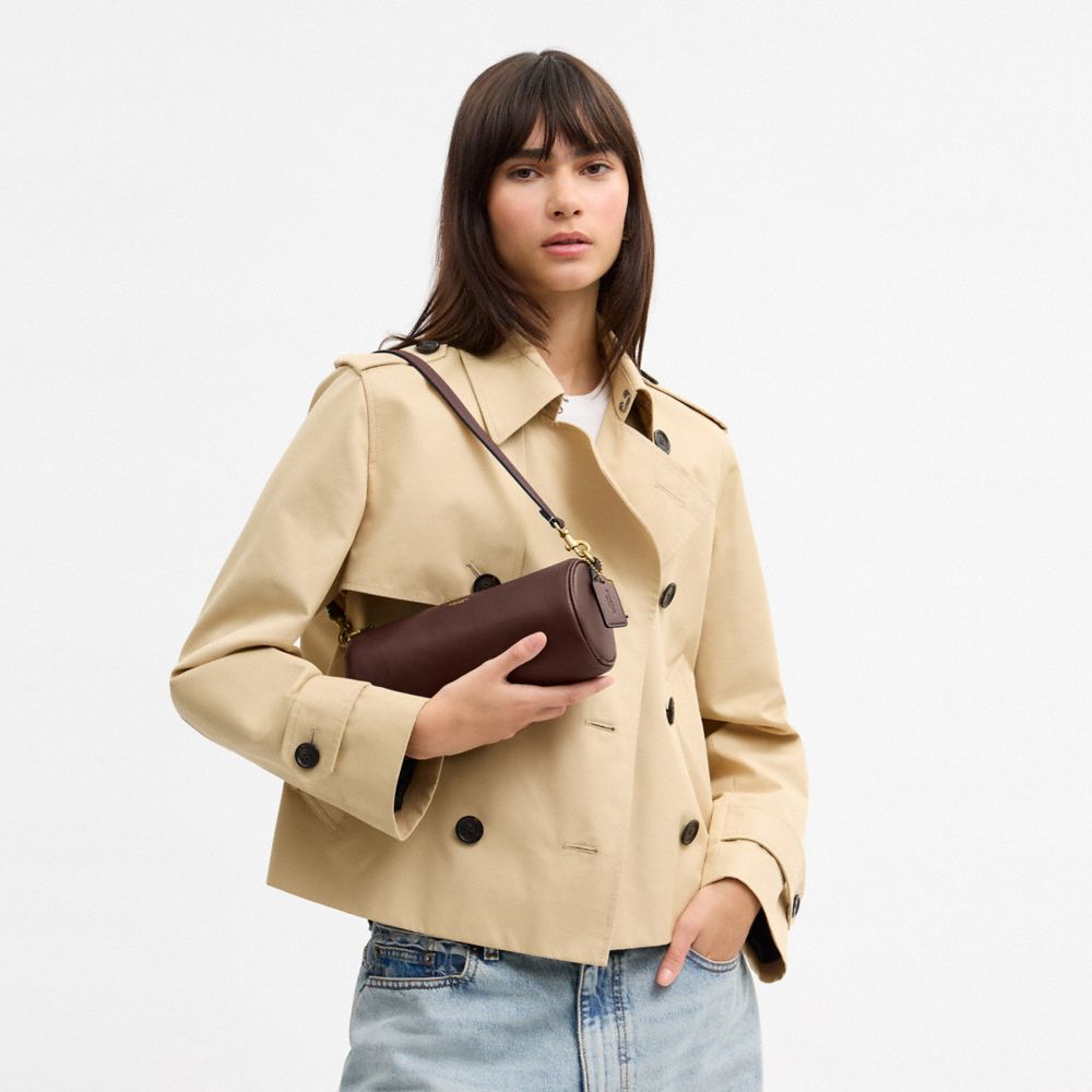 COACH®,Barrel Bag,Cotton,Leather,Barrel Bag,Lined,Sustainable,Gold Metal,Day Party,Brown,Detail View