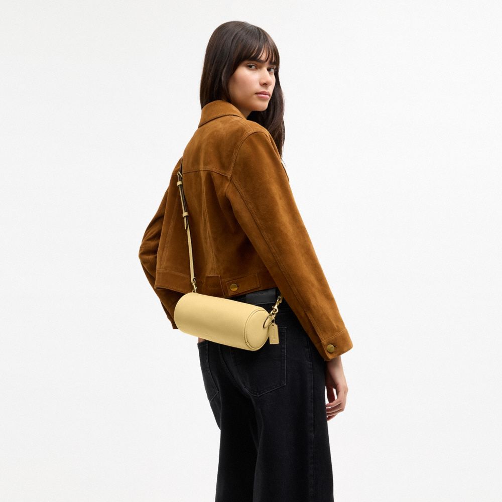 COACH®,Barrel Bag,Cotton,Leather,Barrel Bag,Lined,Sustainable,Gold Metal,Day Party,Yellow,Detail View