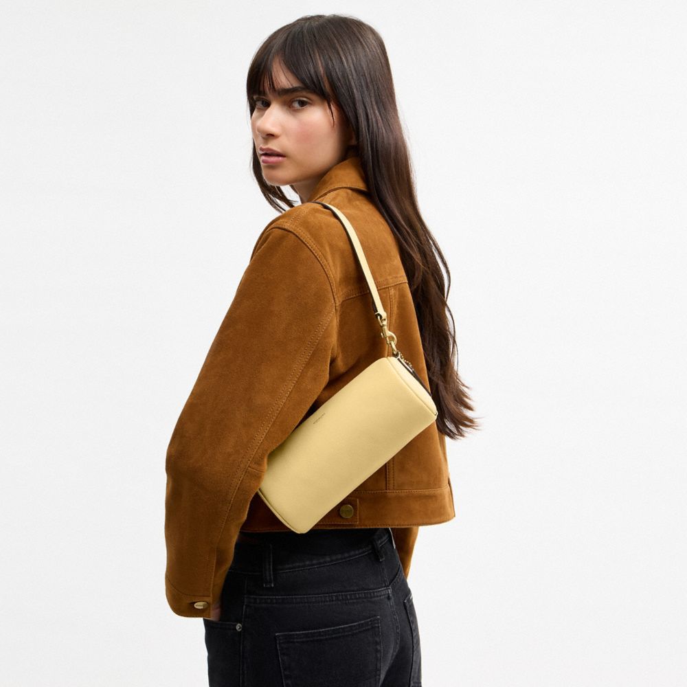 COACH®,Barrel Bag,Cotton,Leather,Barrel Bag,Lined,Sustainable,Gold Metal,Day Party,Yellow,Detail View