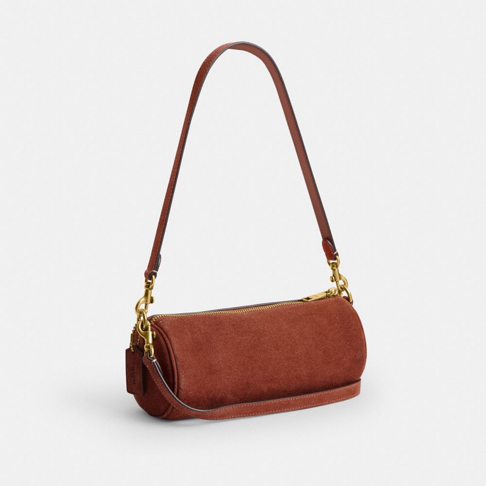 COACH®,Barrel Bag,Suede,Lining Cotton,Calfskin Leather,Barrel Bag,Pendant,Adjustable,Brass,Casual,Brown,Angle View