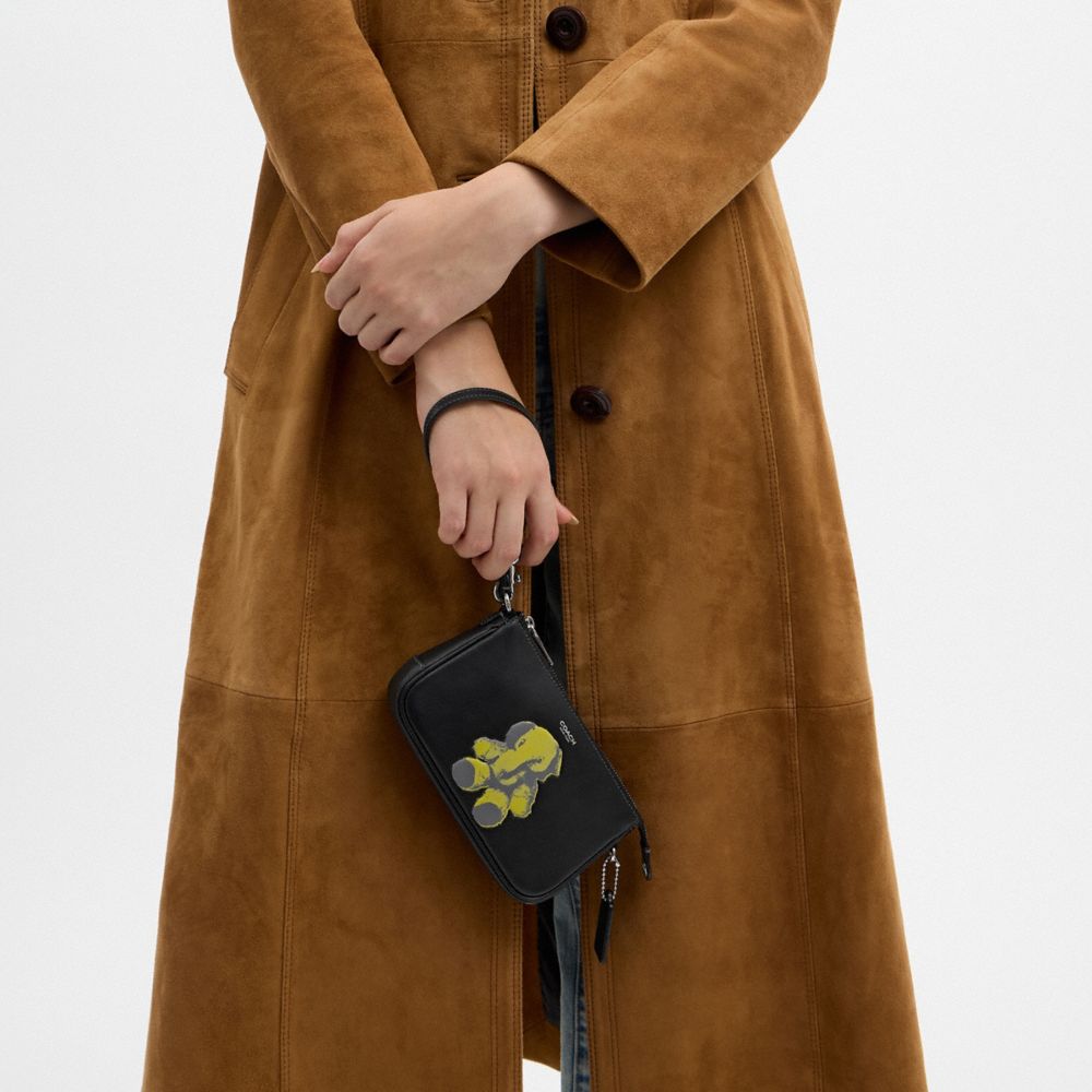 COACH®,Plaza Bag 18 With Ellie Graphic,Leather,Cotton,Shoulder Bag,Pendant,Lined,Sustainable,Compact,Silver Metal,Day Party,Black,Detail View