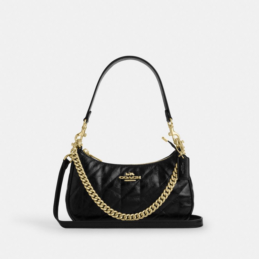 COACH®,Teri Shoulder Bag With Quilting,Leather,Lining Recycled Polyester,Recycled Polyester,Shoulder Bag,Logo,Metal,Silver...,Black,Front View