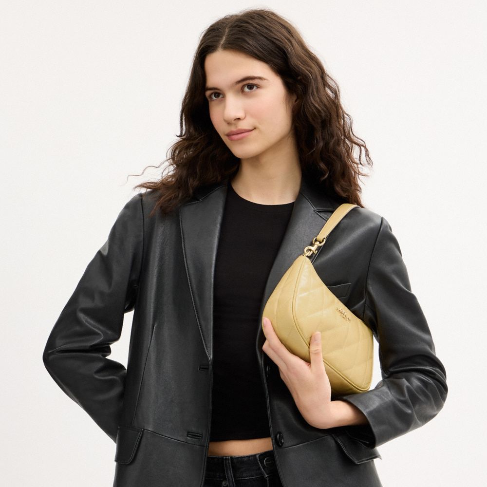 COACH®,Teri Shoulder Bag With Quilting,Lining Recycled Polyester,Leather,Recycled Polyester,Shoulder Bag,Logo,Metal,Silver...,Beige,Detail View