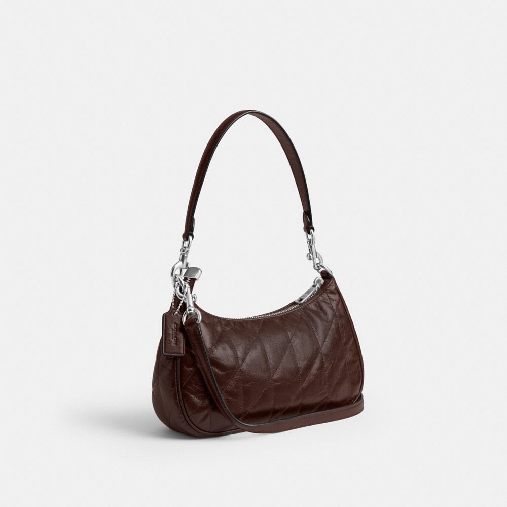 COACH®,Teri Shoulder Bag With Quilting,Leather,Lining Recycled Polyester,Recycled Polyester,Shoulder Bag,Logo,Metal,Silver...,Brown,Angle View