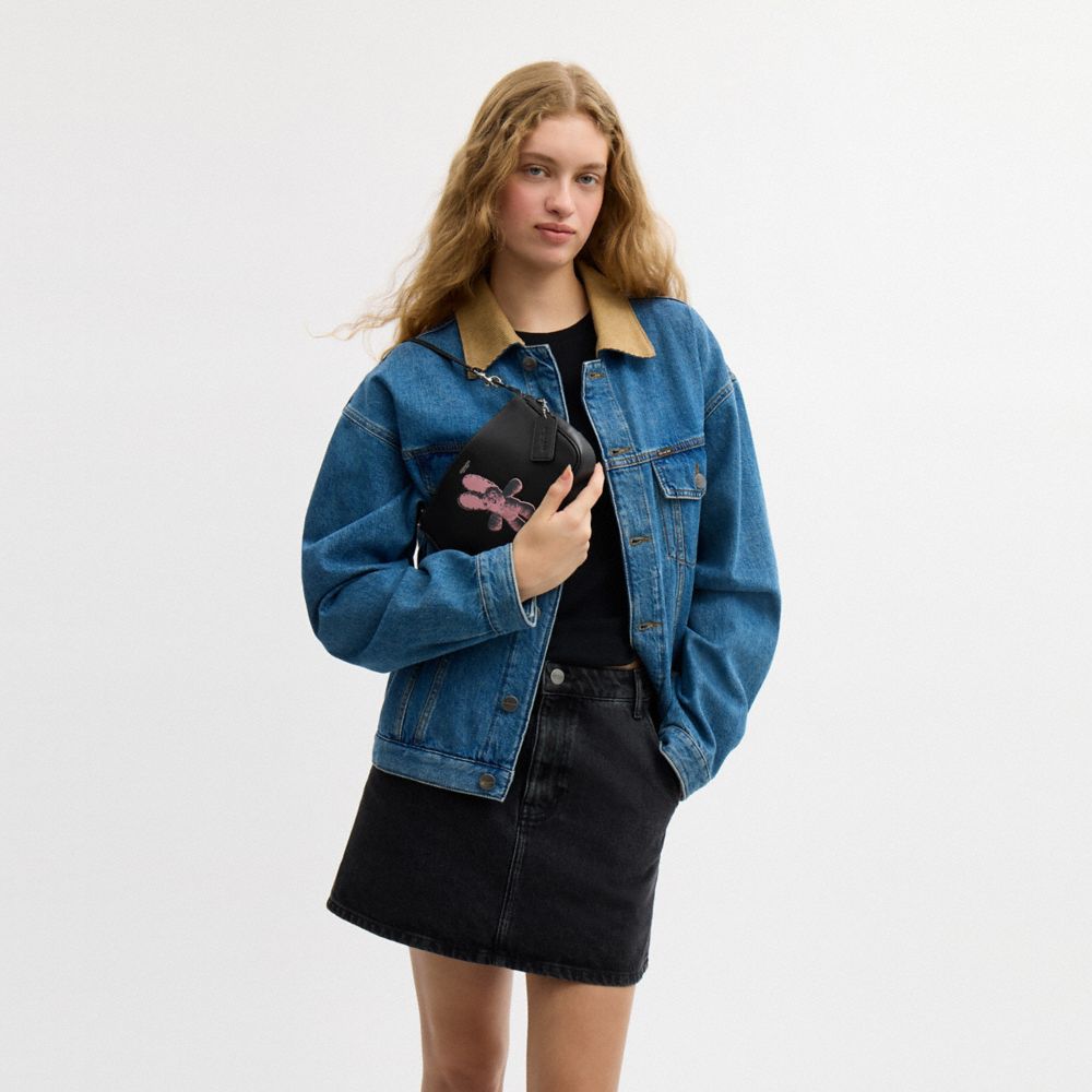 COACH®,Plaza Bag With Floppy Graphic,Leather,Lining Cotton,Shoulder Bag,Metal Material,Pendant,Sustainable,Silver Metal,Da...,Black,Detail View