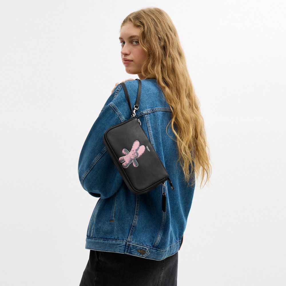 COACH®,Plaza Bag With Floppy Graphic,Leather,Lining Cotton,Shoulder Bag,Metal Material,Pendant,Sustainable,Silver Metal,Da...,Black,Detail View