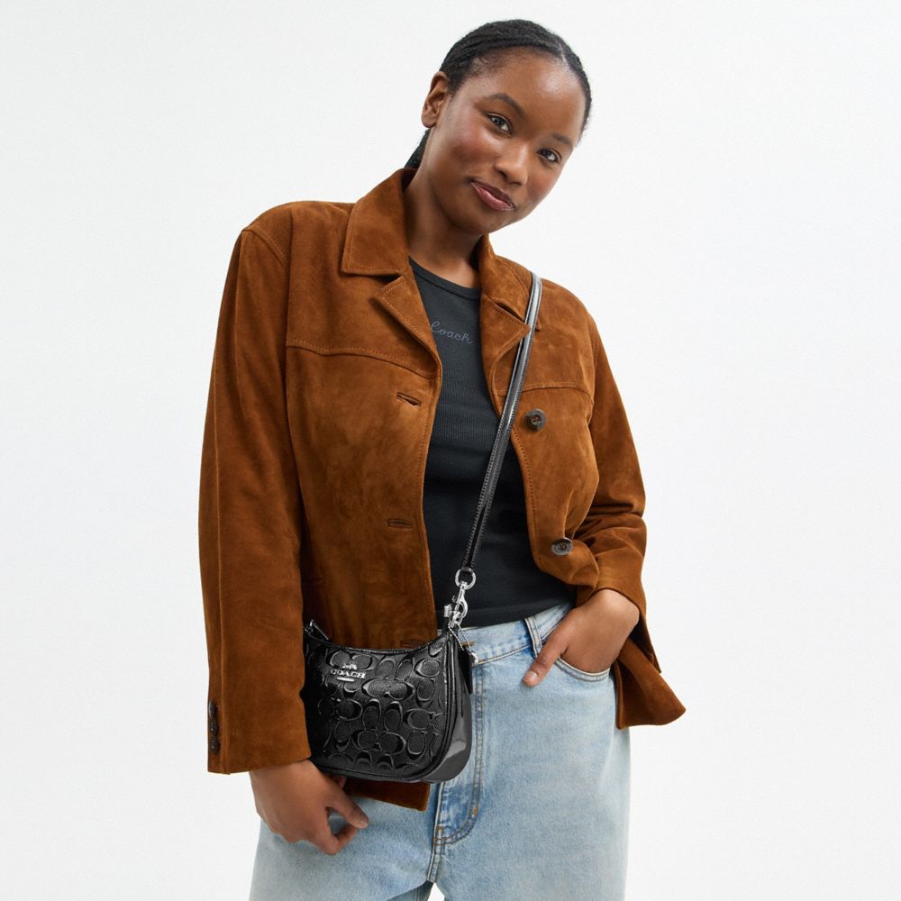 COACH®,Teri Shoulder Bag In Signature Leather With Heart Charm,Black,Detail View