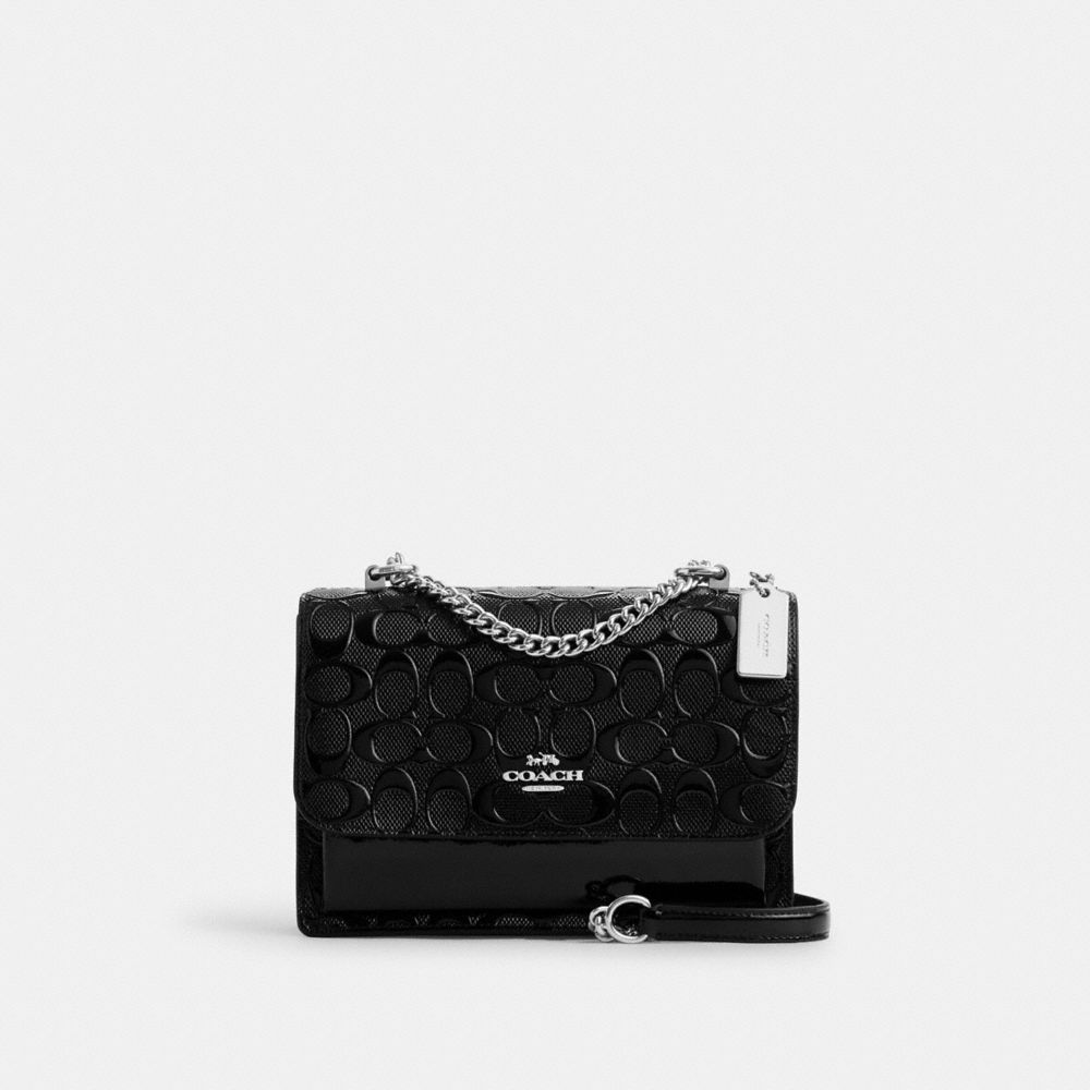 COACH®,Klare Crossbody Bag In Signature Leather,Leather,Crossbody,Metal,Logo,Silver Metal,Day Party,Black,Front View