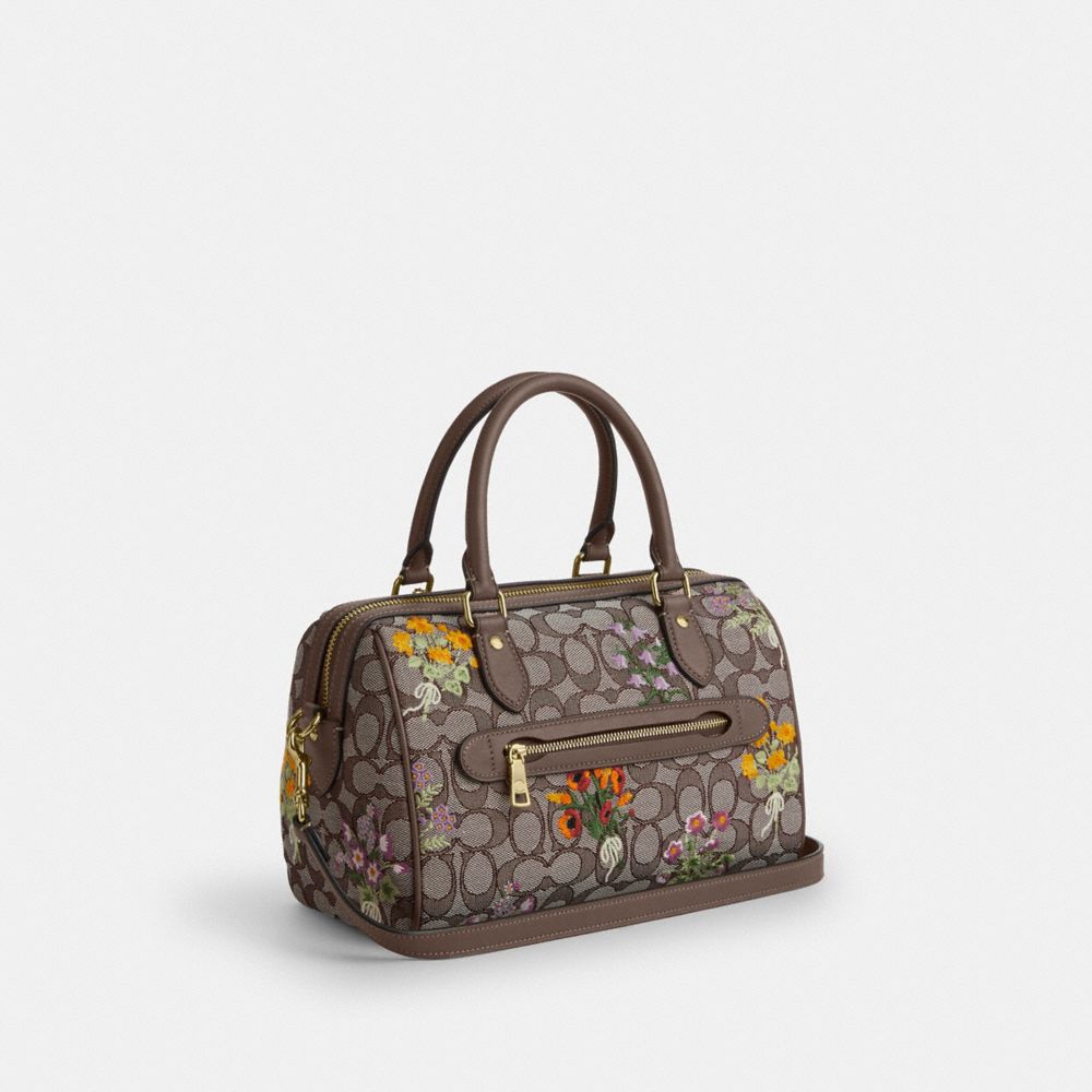COACH®,Rowan Satchel Bag In Signature Jacquard With Floral Embroidery,,Angle View