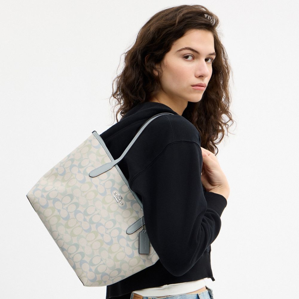 COACH®,Medium City Tote Bag In Signature Canvas,Silver,Detail View