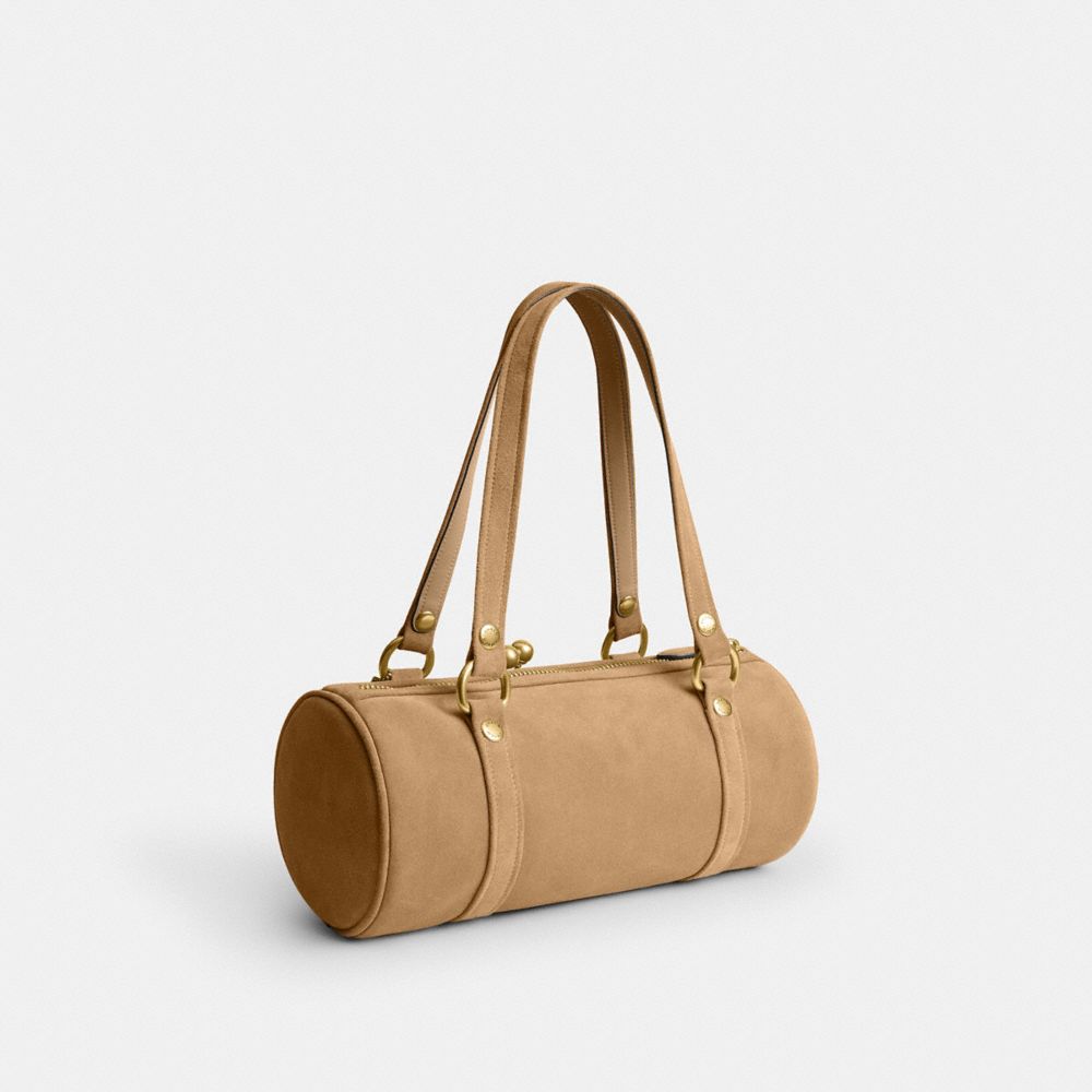COACH®,Kisslock Barrel Bag,Suede,Lining Cotton,Lining Cotton Knit,Barrel Bag,Pendant,Brass,Day Party,Beige,Angle View