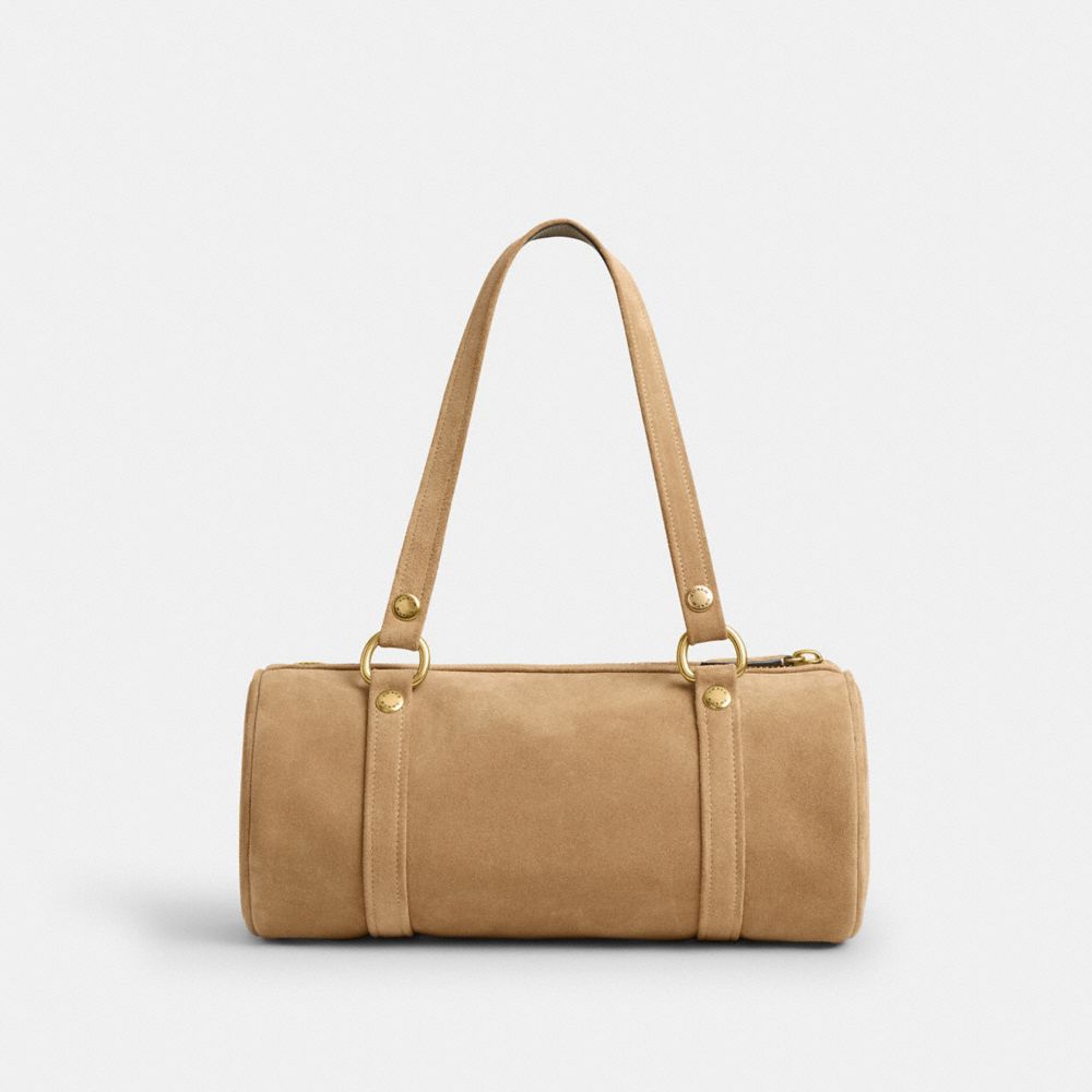 COACH®,Kisslock Barrel Bag,Suede,Lining Cotton,Lining Cotton Knit,Barrel Bag,Pendant,Brass,Day Party,Beige,Back View