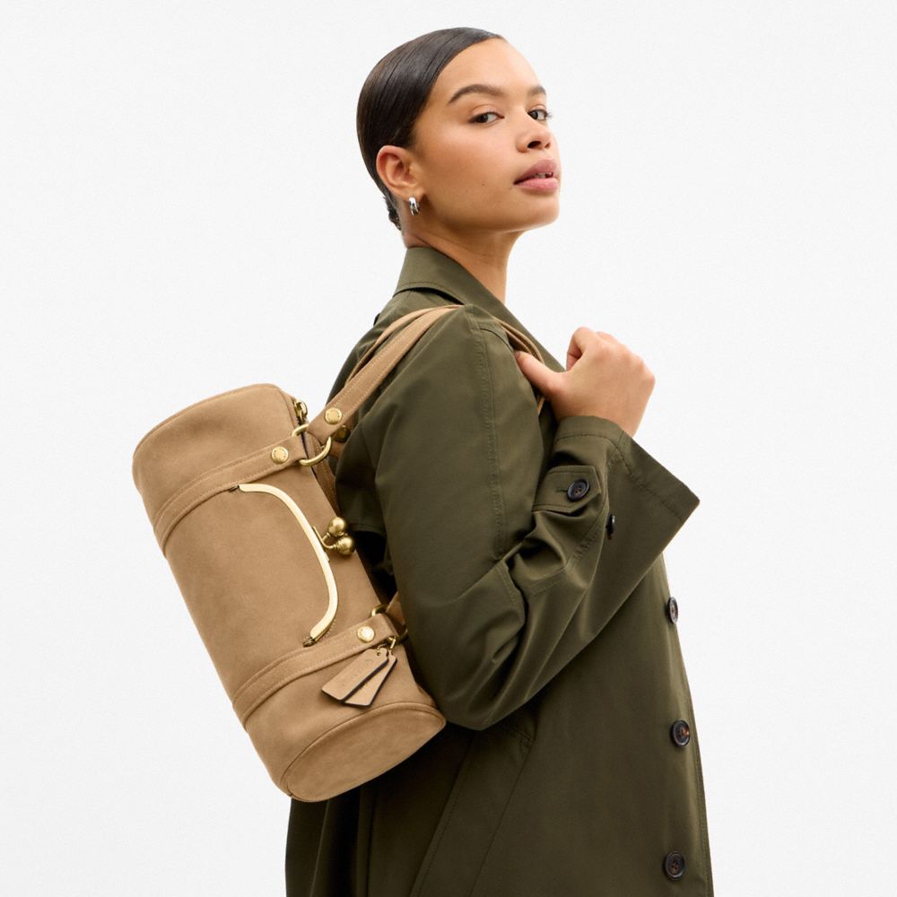 COACH®,Kisslock Barrel Bag,Lining Cotton Knit,Lining Cotton,Suede,Barrel Bag,Pendant,Brass,Day Party,Beige,Detail View