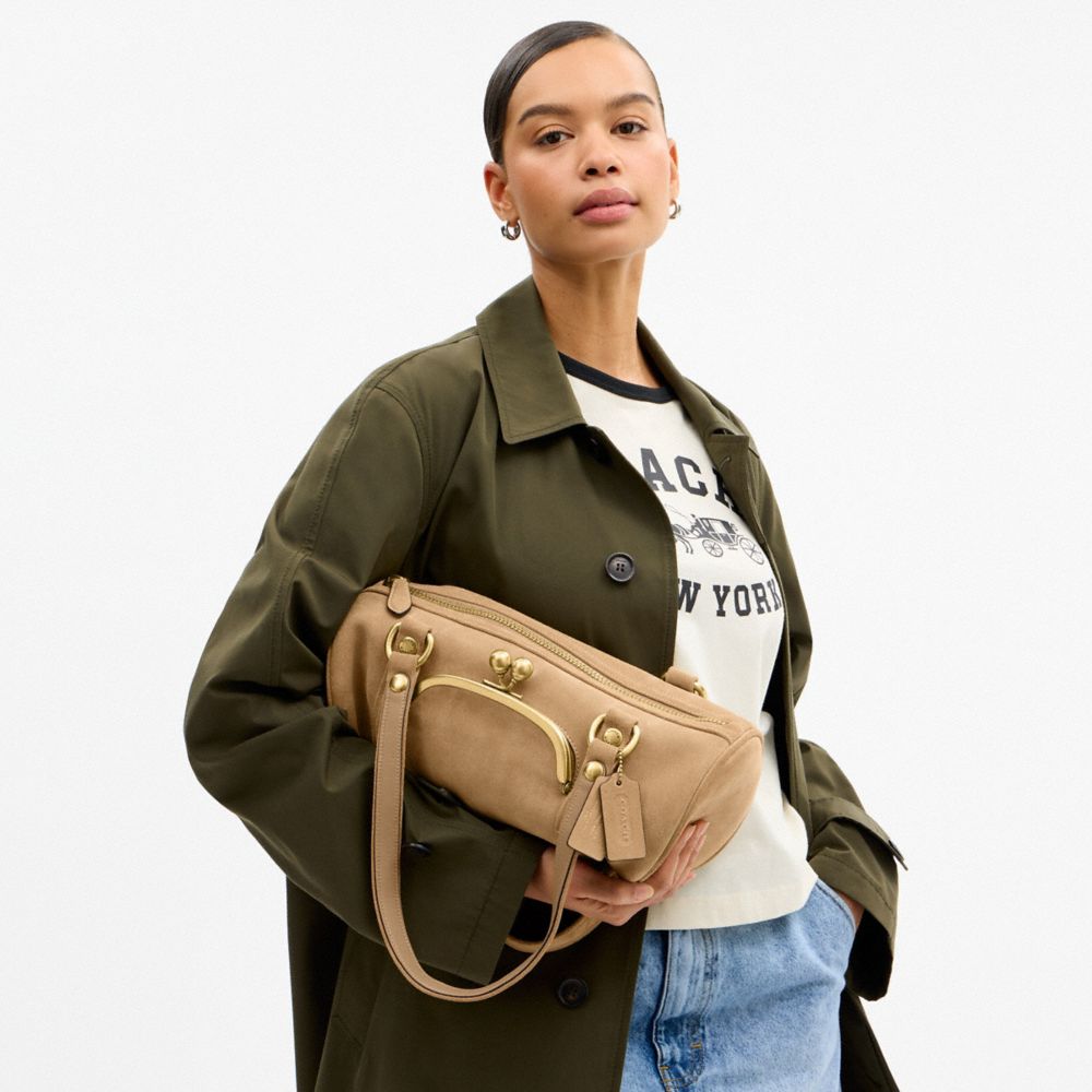 COACH®,Kisslock Barrel Bag,Lining Cotton Knit,Lining Cotton,Suede,Barrel Bag,Pendant,Brass,Day Party,Beige,Detail View