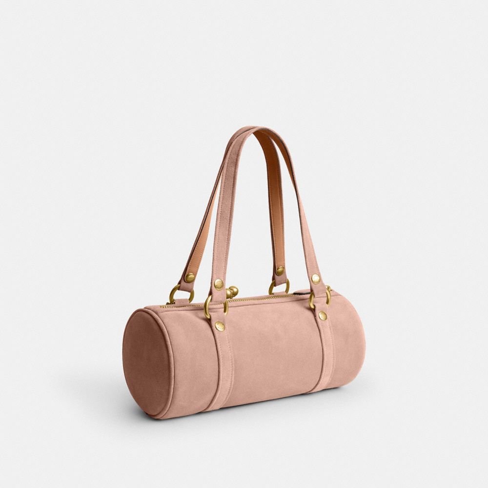 COACH®,Kisslock Barrel Bag,Suede,Lining Cotton,Lining Cotton Knit,Barrel Bag,Pendant,Brass,Day Party,Blush,Angle View