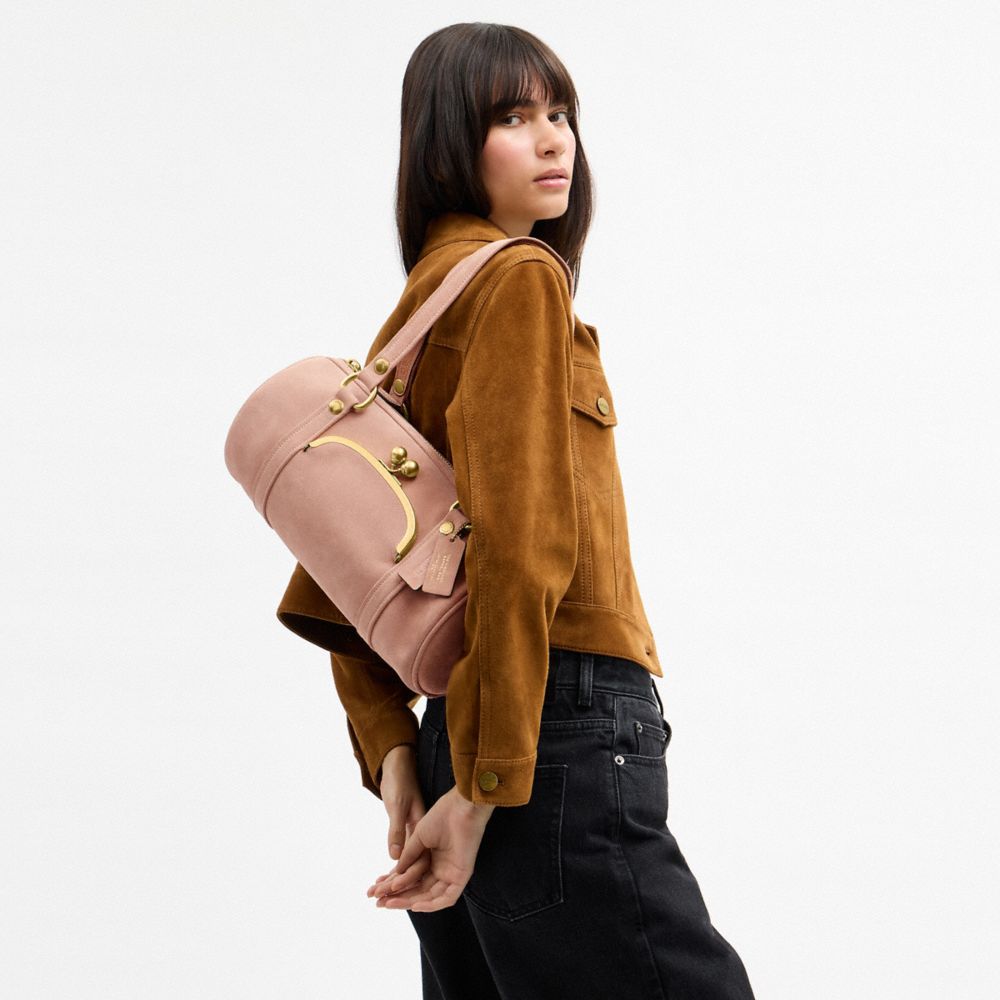 COACH®,Kisslock Barrel Bag,Lining Cotton Knit,Lining Cotton,Suede,Barrel Bag,Pendant,Brass,Day Party,Blush,Detail View