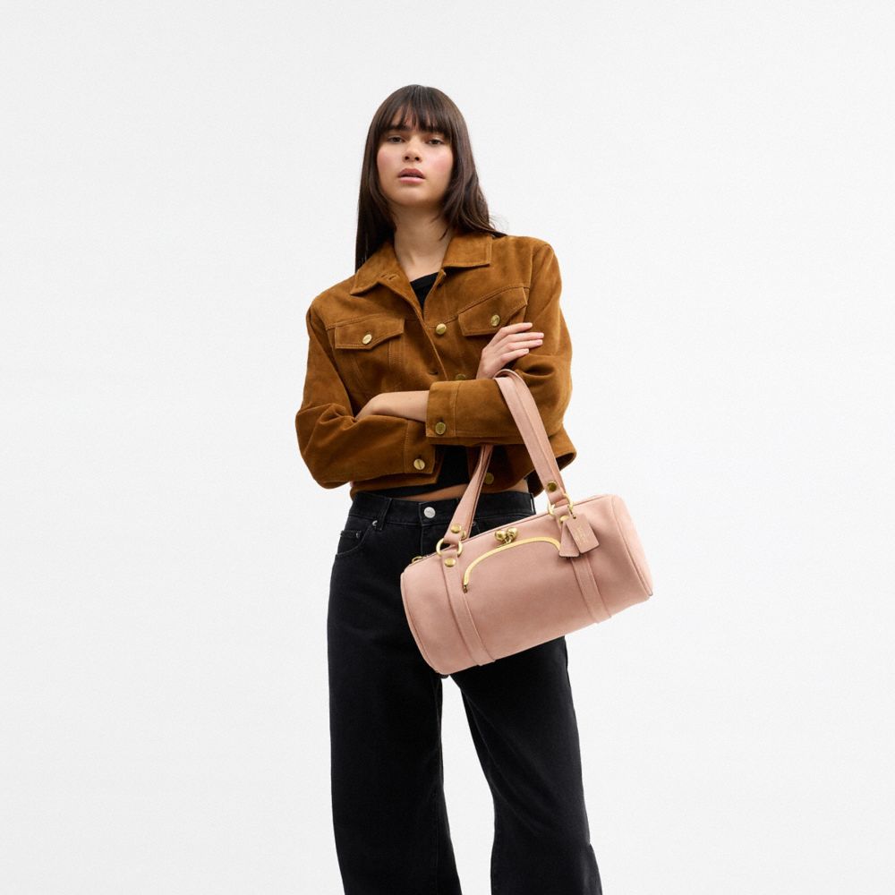 COACH®,Kisslock Barrel Bag,Lining Cotton Knit,Lining Cotton,Suede,Barrel Bag,Pendant,Brass,Day Party,Blush,Detail View