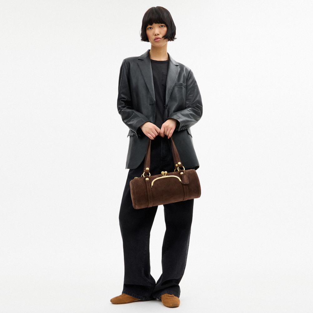 COACH®,Kisslock Barrel Bag,Lining Cotton Knit,Lining Cotton,Suede,Barrel Bag,Pendant,Brass,Day Party,Brown,Detail View