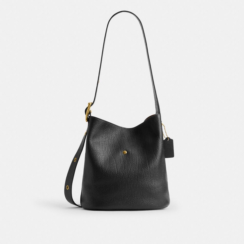 COACH®,Bleecker Bucket Bag With Kisslock,Leather,Bucket,Pendant,Adjustable,Brass,Day Party,Black,Back View