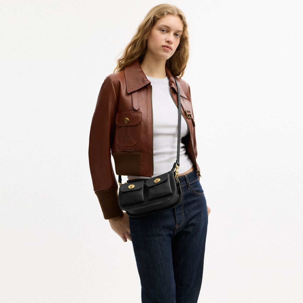 COACH®,Twin Turnlock Waverly Bag,Leather,Cotton,Shoulder Bag,Compact,Gold Metal,Day Party,Black