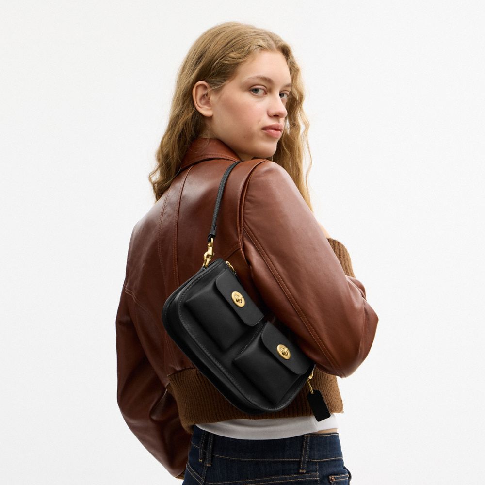 COACH®,Twin Turnlock Waverly Bag,Leather,Cotton,Shoulder Bag,Compact,Gold Metal,Day Party,Black,Detail View