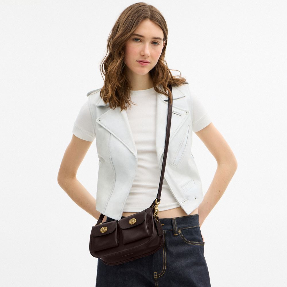 COACH®,Twin Turnlock Waverly Bag,Leather,Lining Cotton,Shoulder Bag,Pendant,Adjustable,Compact,Sustainable,Brass,Gold Meta...,Brown