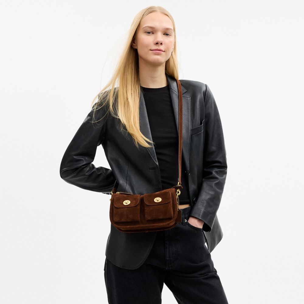 COACH®,Twin Turnlock Waverly Bag,Suede,Leather,Shoulder Bag,Metal Material,Pendant,Compact,3 in 1,Adjustable,Gold Metal,Br...,Brown