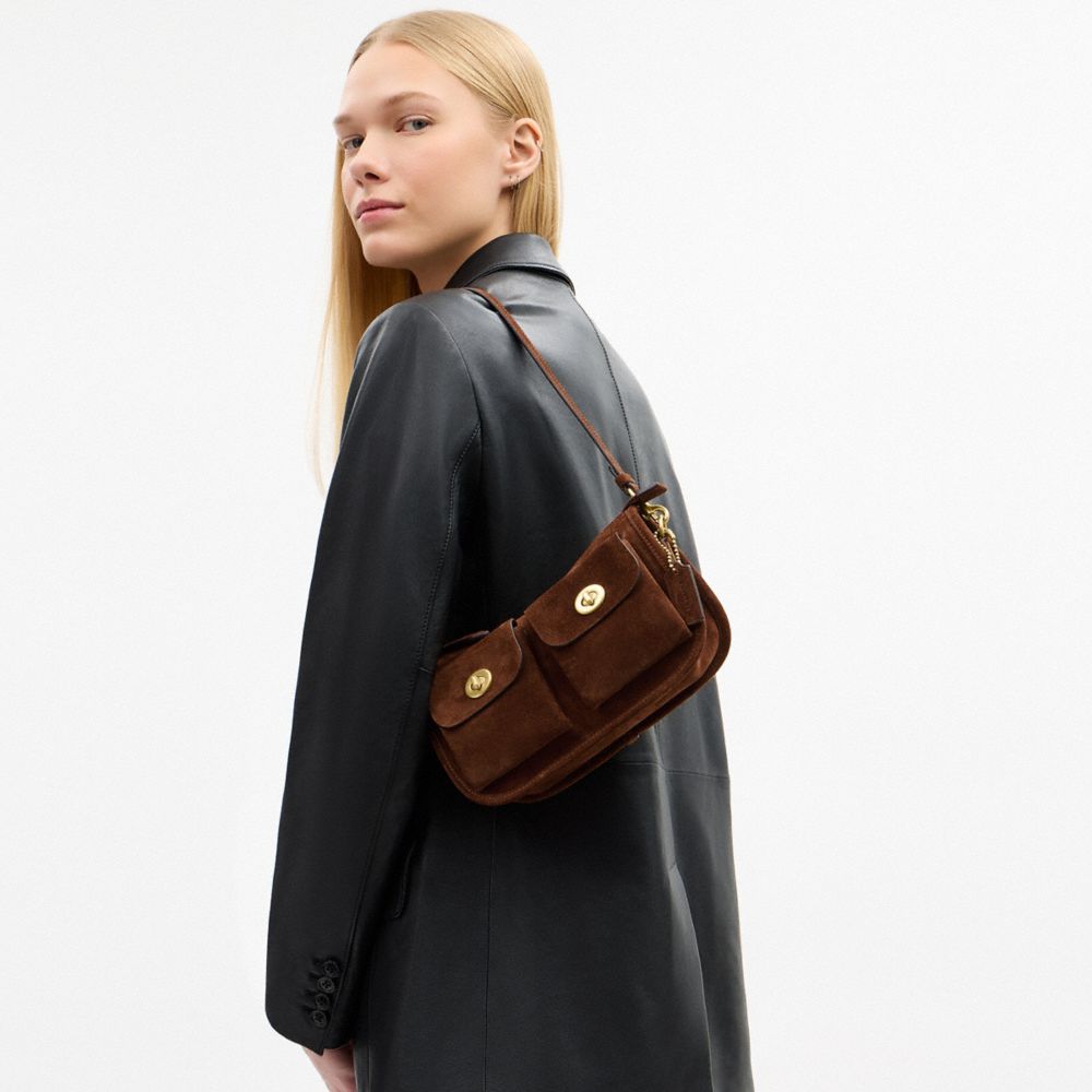 COACH®,Twin Turnlock Waverly Bag,Suede,Leather,Shoulder Bag,Metal Material,Pendant,Compact,3 in 1,Adjustable,Gold Metal,Br...,Brown,Detail View