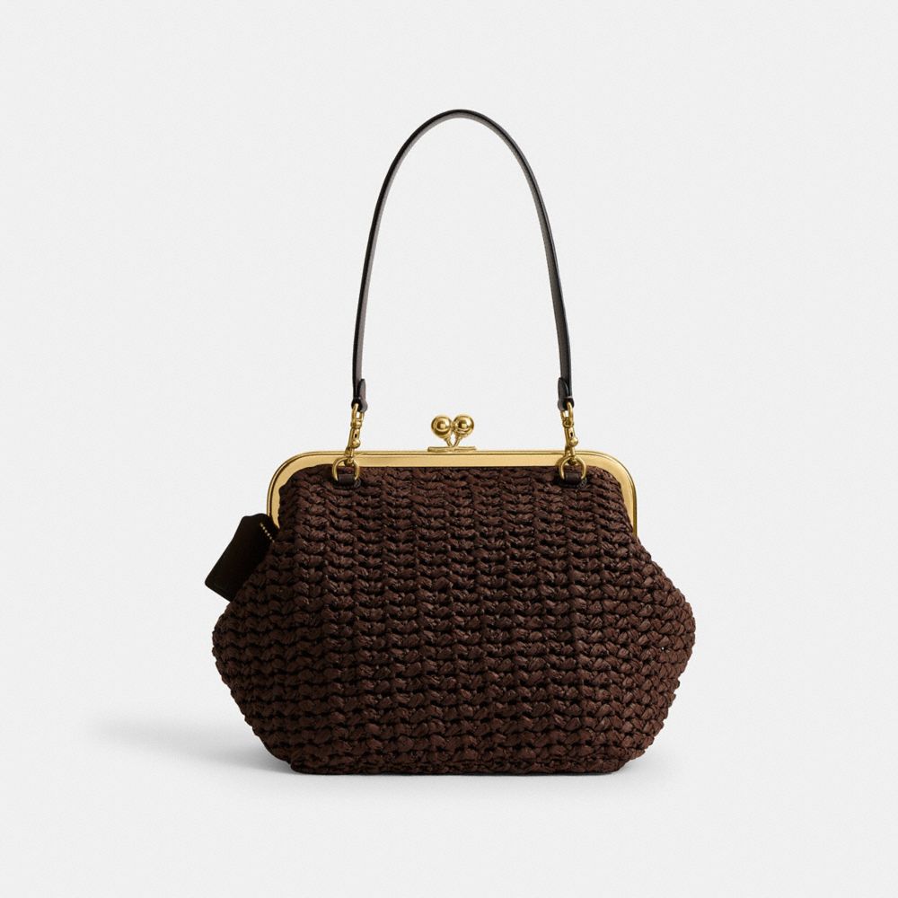 COACH®,Kisslock Frame Bag 27,Cotton,Calfskin Leather,Clutch,Metal Material,Straw,Pendant,Lined,Brass,Day Party,Brown,Back View