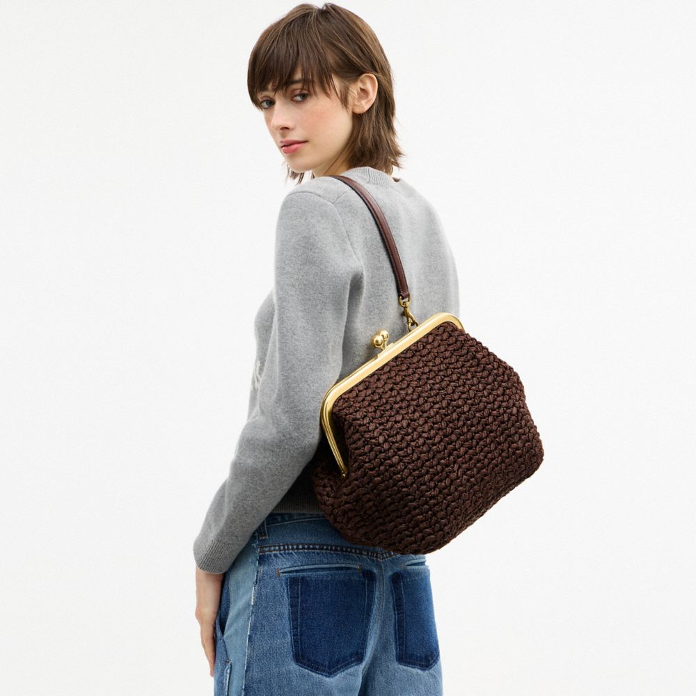 COACH®,Kisslock Frame Bag 27,Cotton,Calfskin Leather,Clutch,Metal Material,Straw,Pendant,Lined,Brass,Day Party,Brown,Detail View