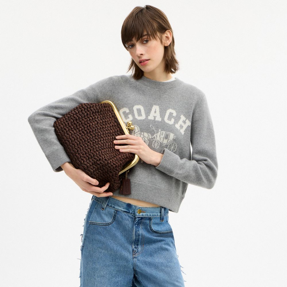 COACH®,Kisslock Frame Bag 27,Cotton,Calfskin Leather,Clutch,Metal Material,Straw,Pendant,Lined,Brass,Day Party,Brown,Detail View