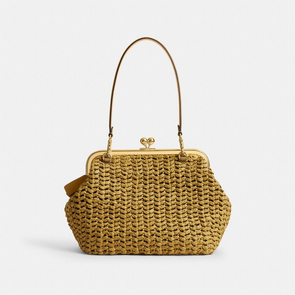 COACH®,Kisslock Frame Bag 27,Cotton,Calfskin Leather,Clutch,Metal Material,Straw,Pendant,Lined,Brass,Day Party,Beige,Back View