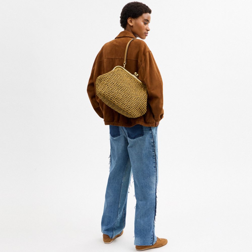 COACH®,Kisslock Frame Bag 27,Cotton,Calfskin Leather,Clutch,Metal Material,Straw,Pendant,Lined,Brass,Day Party,Beige,Detail View