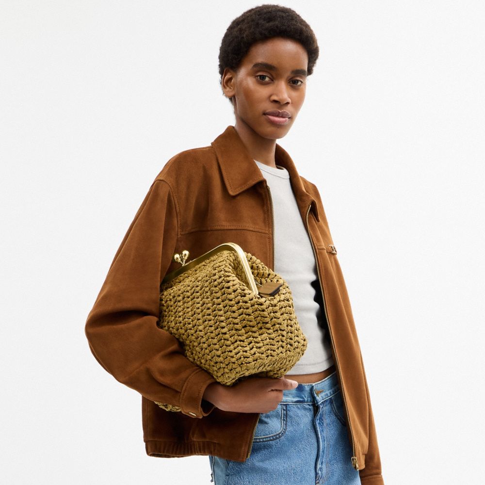 COACH®,Kisslock Frame Bag 27,Cotton,Calfskin Leather,Clutch,Metal Material,Straw,Pendant,Lined,Brass,Day Party,Beige,Detail View