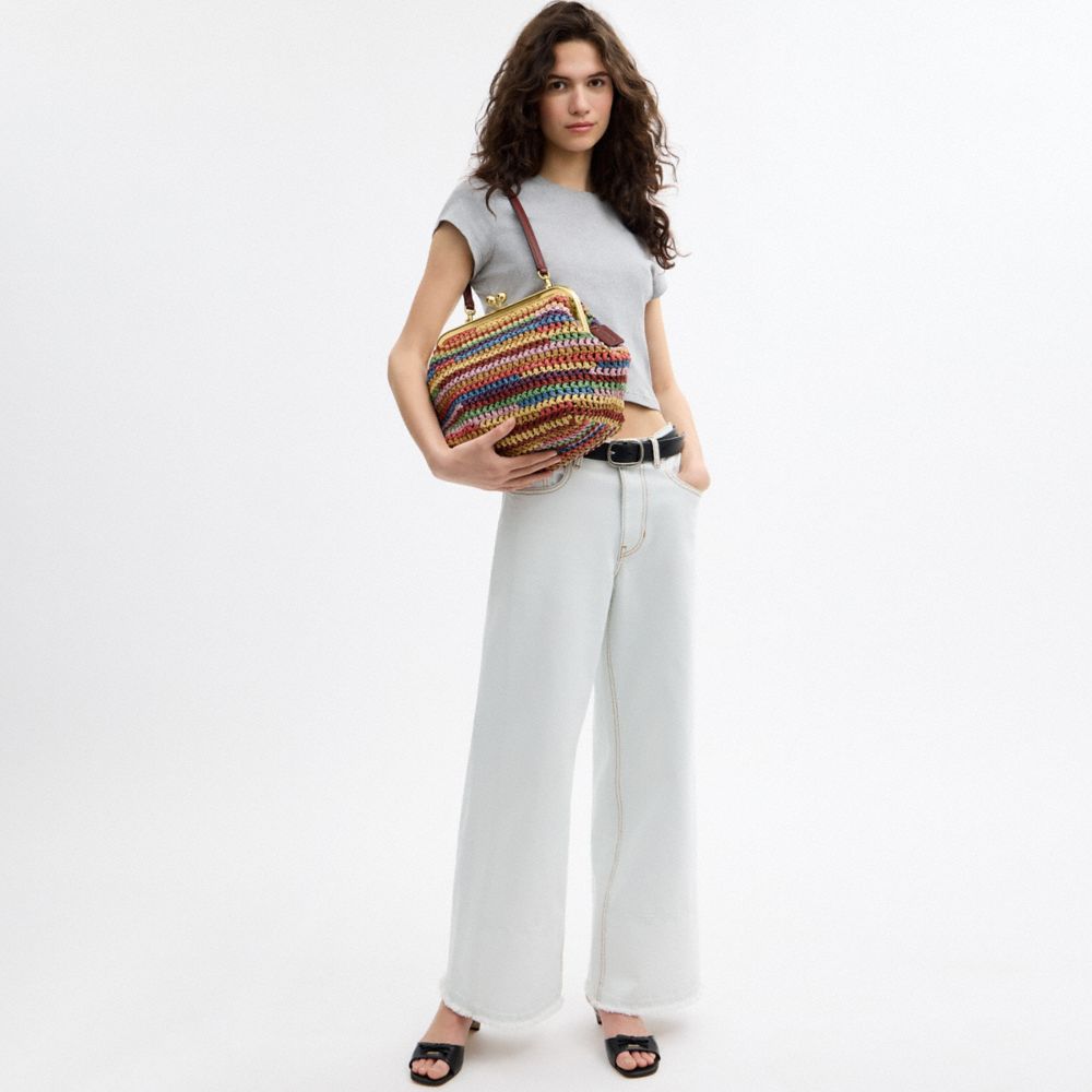 COACH®,Kisslock Frame Bag 27,Lining Cotton,Clutch,Metal Material,Straw,Lined,Sustainable,Brass,Day Party,Multi Color,Detail View