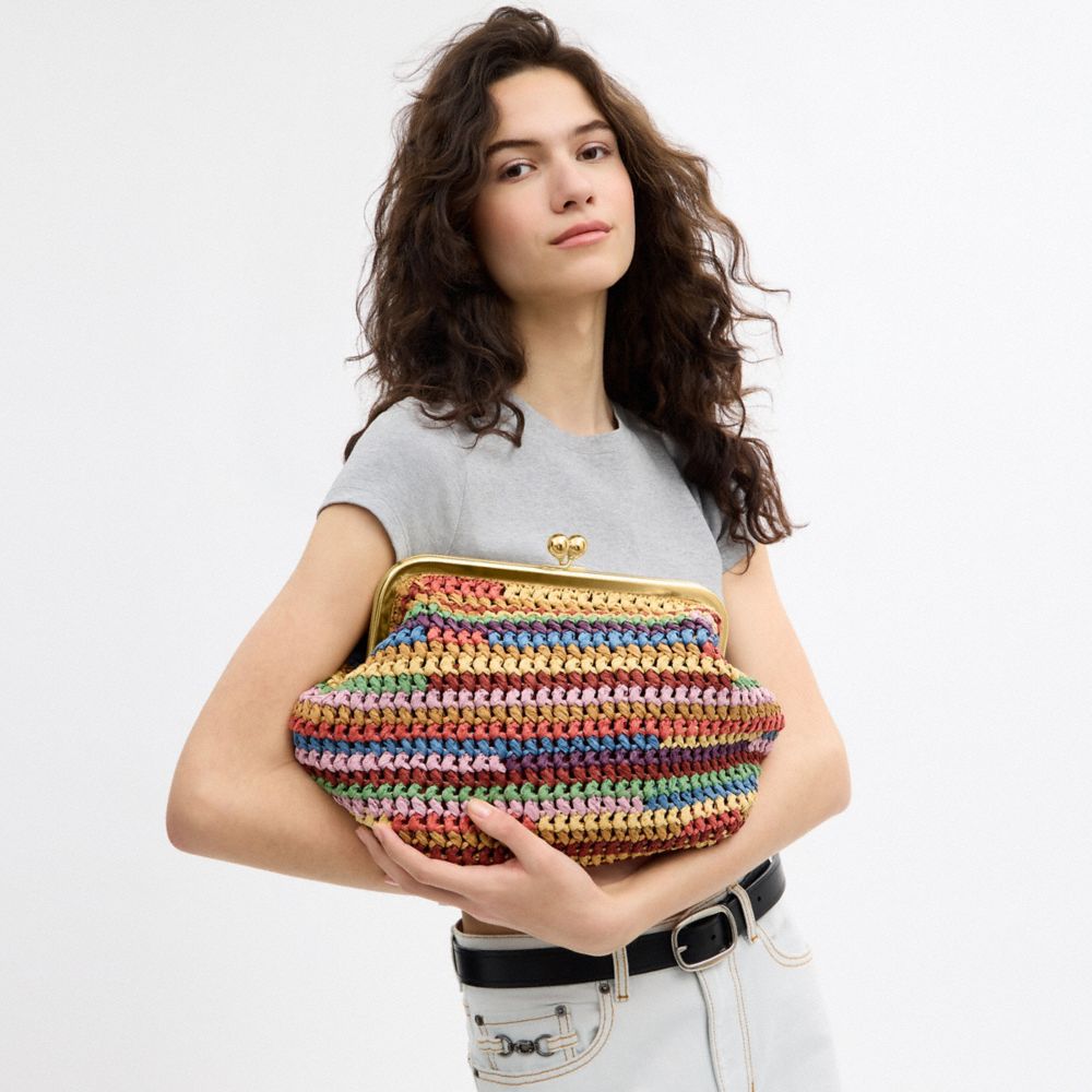 COACH®,Kisslock Frame Bag 27,Lining Cotton,Clutch,Metal Material,Straw,Lined,Sustainable,Brass,Day Party,Multi Color,Detail View