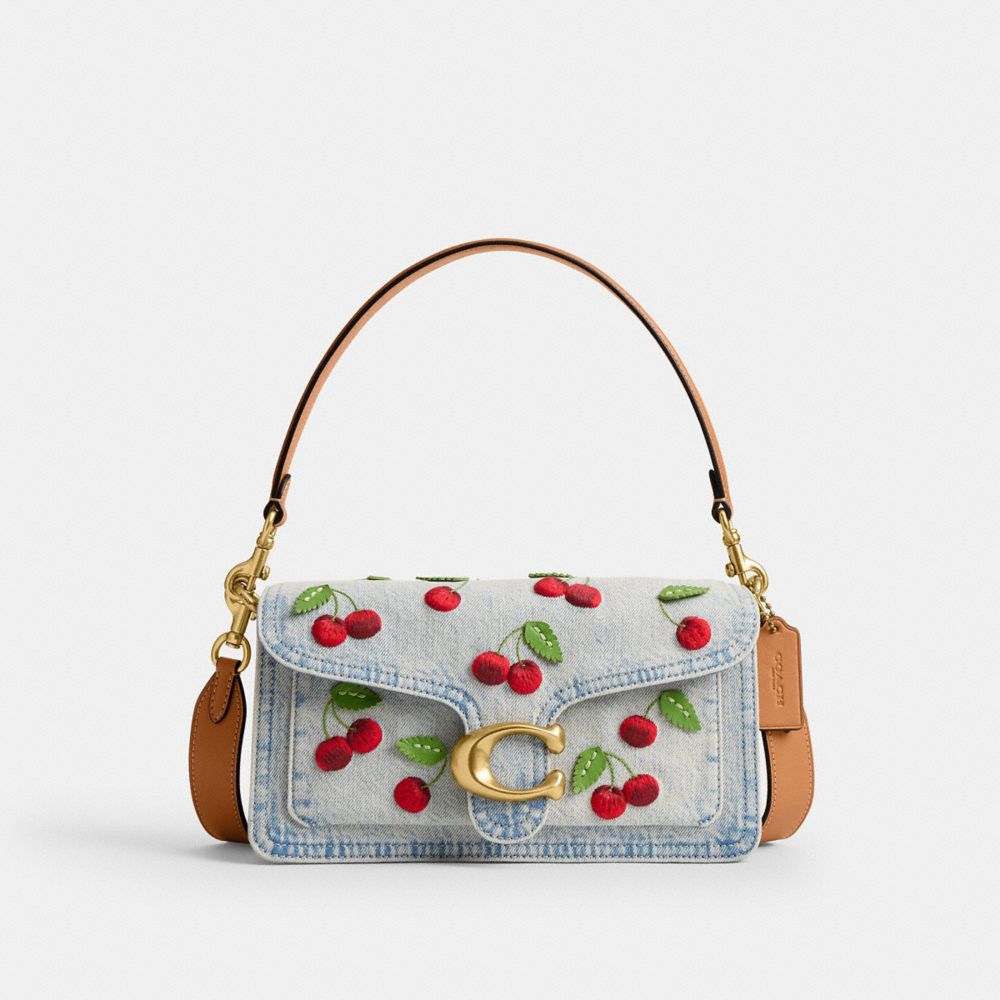COACH&reg;,Tabby Shoulder Bag 26 With Cherry Embroidery,Cotton,Denim,Leather,Shoulder Bag,Logo,Metal,Embroidered,Day Party,Gray,Front View