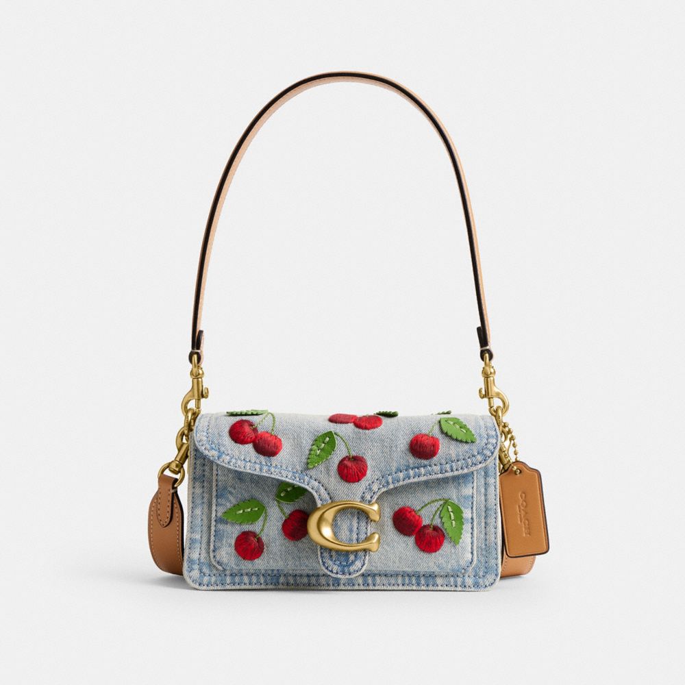 COACH&reg;,Tabby Shoulder Bag 20 With Cherry Embroidery,Leather,Denim,Cotton,Shoulder Bag,Metal,Embroidered,Logo,Lined,Compact...,White,Front View