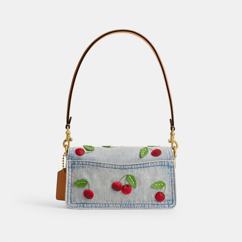 COACH®,Tabby Shoulder Bag 20 With Cherry Embroidery,Cotton,Denim,Leather,Shoulder Bag,Metal Material,3D Embellishment,Appl...,Gray,Back View