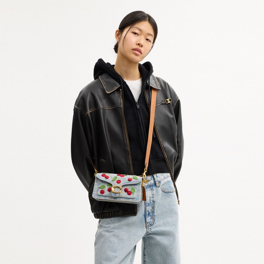 COACH®,Tabby Shoulder Bag 20 With Cherry Embroidery,Leather,Denim,Cotton,Shoulder Bag,Metal,Embroidered,Logo,Lined,Compact...,White