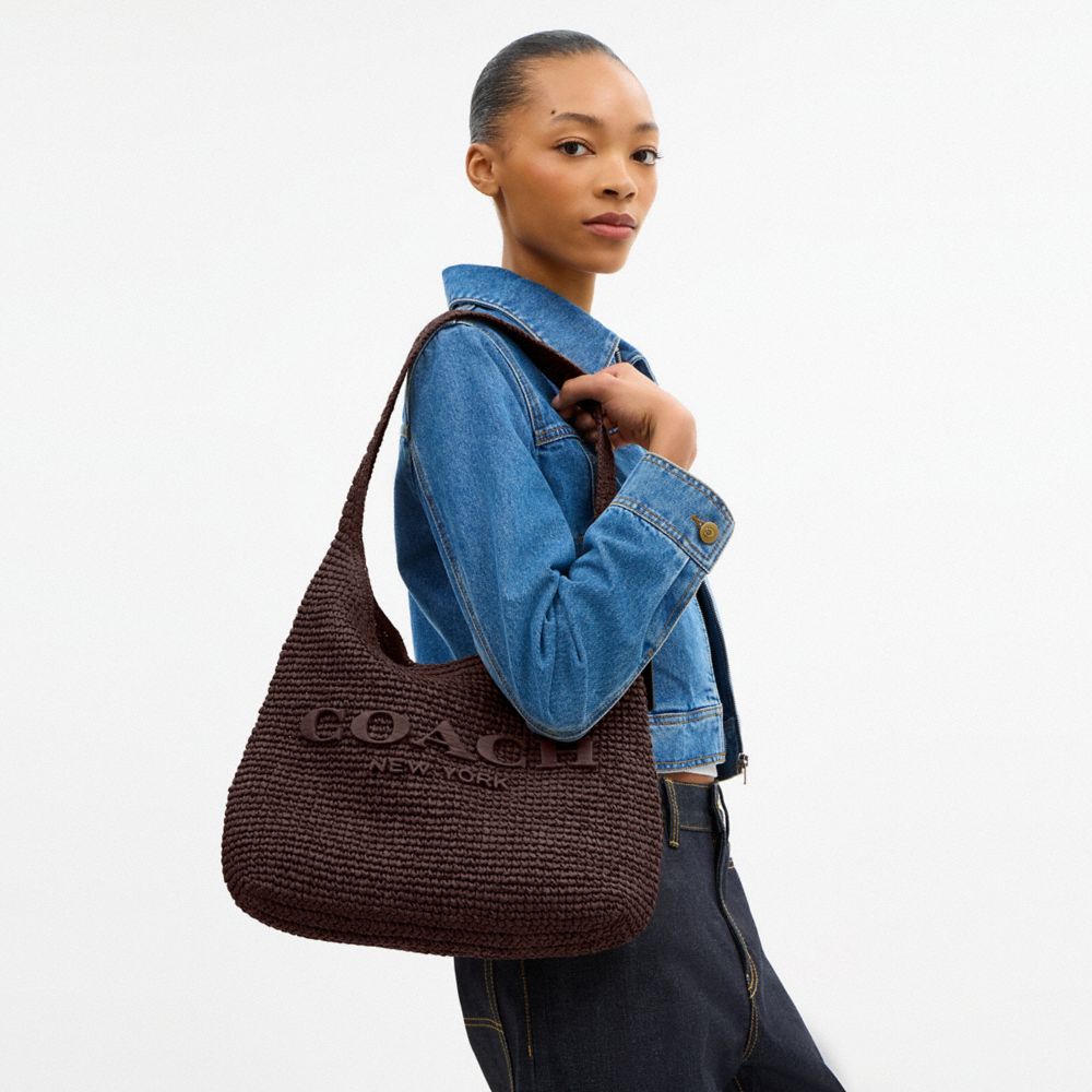 COACH®,Brooklyn Shoulder Bag 34,Calfskin Leather,Shoulder Bag,Straw,Applique,Logo,Pendant,Brass,Casual,Brown,Detail View