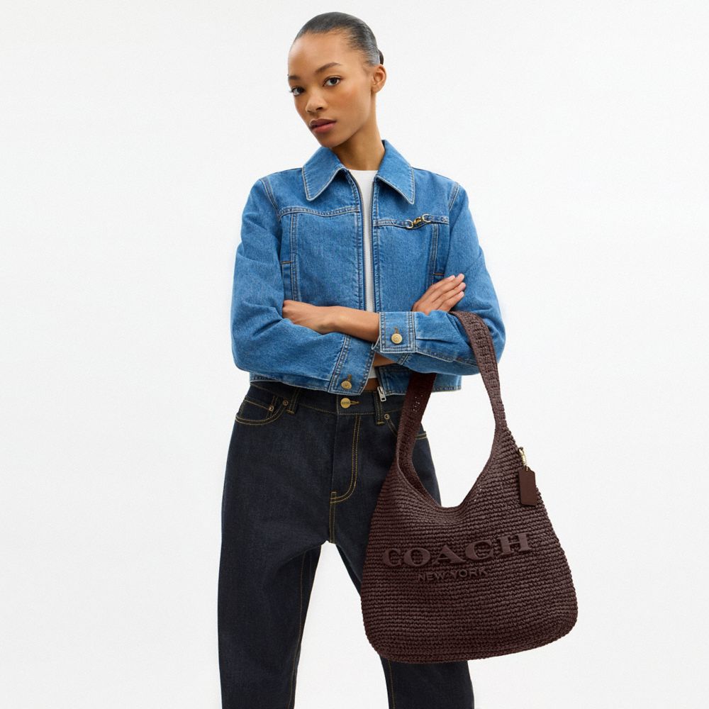 COACH®,Brooklyn Shoulder Bag 34,Calfskin Leather,Shoulder Bag,Straw,Applique,Logo,Pendant,Brass,Casual,Brown,Detail View