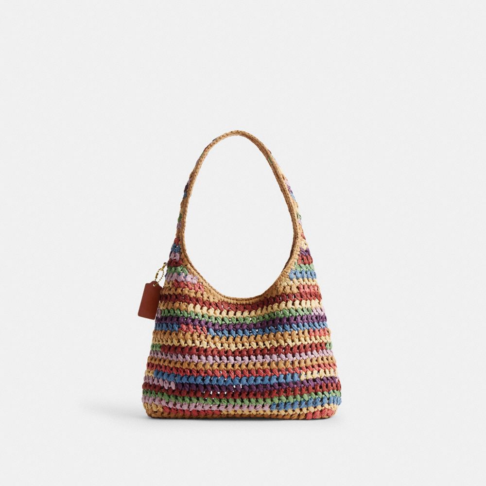 COACH®,Brooklyn Shoulder Bag 28,Calfskin Leather,Hobo,Straw,Applique,Pendant,Logo,Brass,Casual,Multi Color,Back View