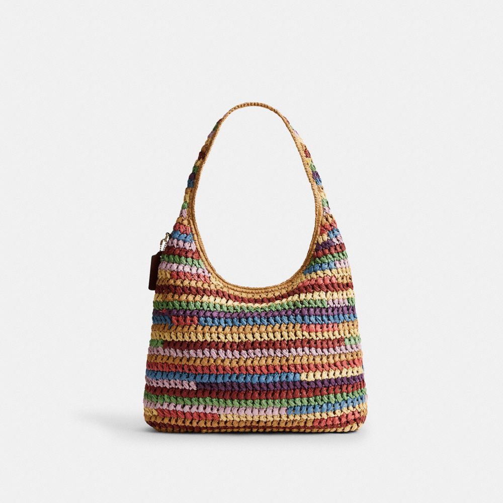 COACH®,Brooklyn Shoulder Bag 34,Hobo,Straw,Applique,Logo,Pendant,Brass,Casual,Multi Color,Back View